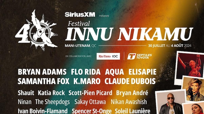 Une affiche qui annonce la programmation du Festival Innu Nikamu.