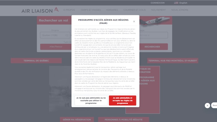 Site web d'Air Liaison affichant les conditions du PAAR.