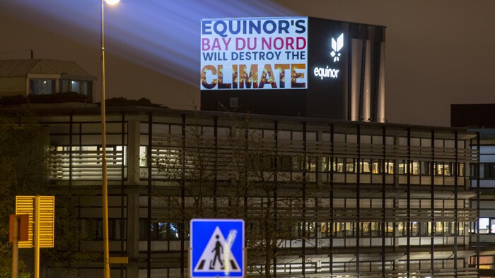 Environmental groups took the campaign against the Bay du Nord project to Equinor's headquarters in Stavanger, Norway, projecting slogans onto the company's buildings and local landmarks.