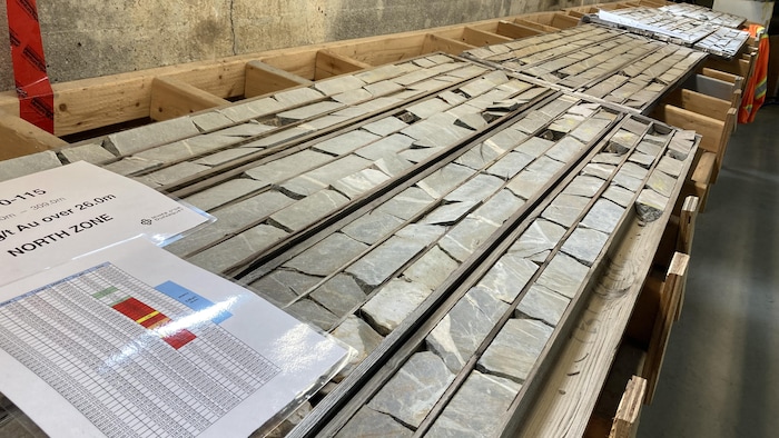 Vers une décontamination massive à Duparquet 2 Des échantillons de minerai répartis sur de grandes palettes.