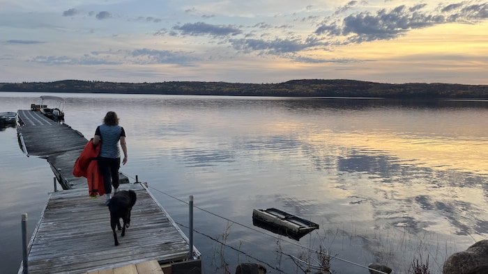 Une femme et un chien de dos qui marche sur un quai.