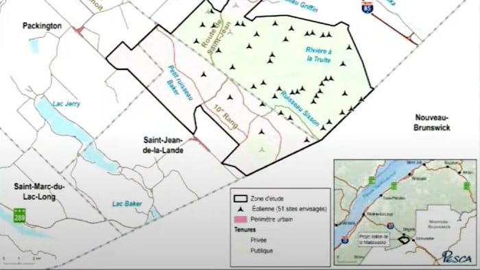 Carte géographique montrant l'emplacement des éoliennes du projet de parc éolien de la Madawaska.
