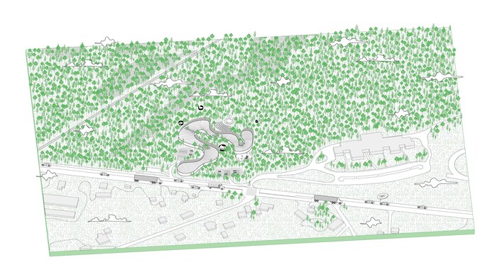 Plan de situation du projet Symbiosis, un centre culturel pour Kahnawake, réalisé par Angelica Peraza, Éléanor Juste et Tom Paturel.