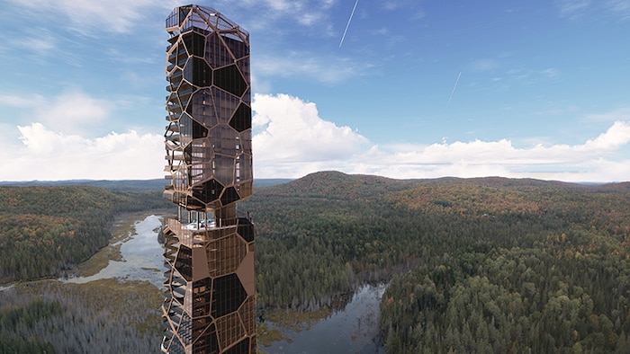 Image générée par la firme d'architecture d'une tour résidentielle haut de gamme dans un secteur forestier.