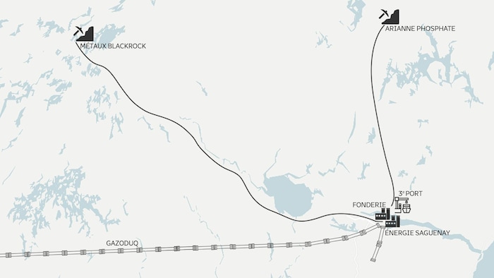 Une carte du Saguenay-Lac-Saint-Jean permet de voir les emplacements où les installations projetées par GNL Québec, Métaux BlackRock et Arianne Phosphate pourraient voir le jour.