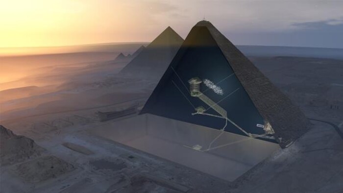 Représentation numérique de la salle découverte dans la pyramide de Khéops. Il s'agit de la zone grisée un peu à droite du centre du monument.