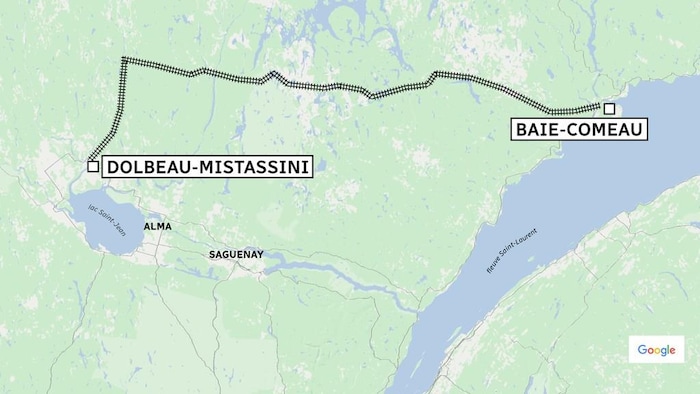 Tracé approximatif du chemin de fer envisagé par QcRail
