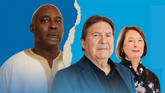 Affiche de la pièce montrant un montage de photos de Widemir Normil, Rémy Girard et Marie-Ginette Guay.