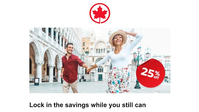 Une capture d’écran de la publicité d’Air Canada qui annonce le rabais de 25 %.