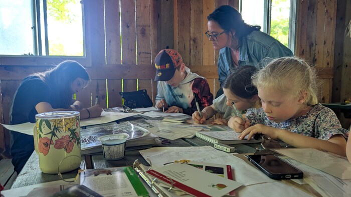 Les enfants assis autour d'une table dessinent et écrivent sur des feuilles.