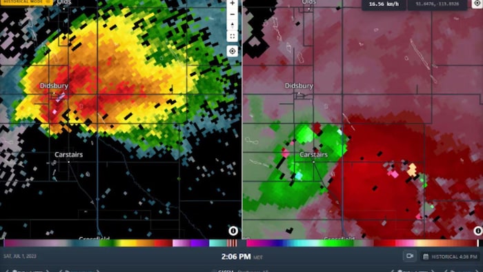 Une imagerie radar lors de la violente tornade EF4 près de Didsbury, en Alberta, le jour de la fête du Canada 2023, est présentée ci-dessus.