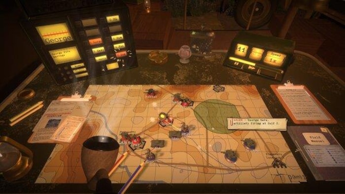 An army card and radio in a tent.