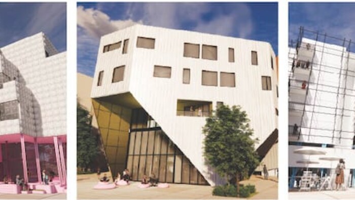 Plan numérique de trois bâtiments  modernes comportant des logements.