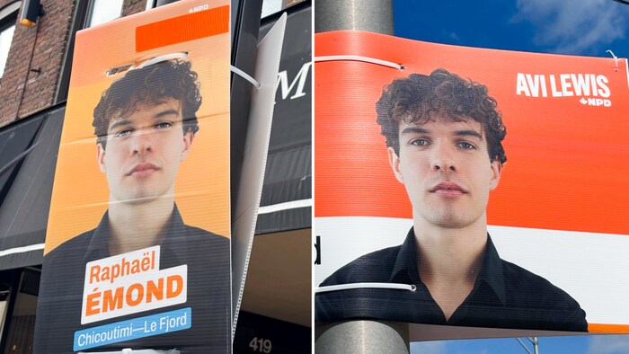 Une ancienne et une nouvelle affiche du candidat néo-démocrate dans Chicoutimi–Le Fjord. Sur l'ancienne, le nom de l'ancien chef Jagmeet Singh est caché par du ruban orange.