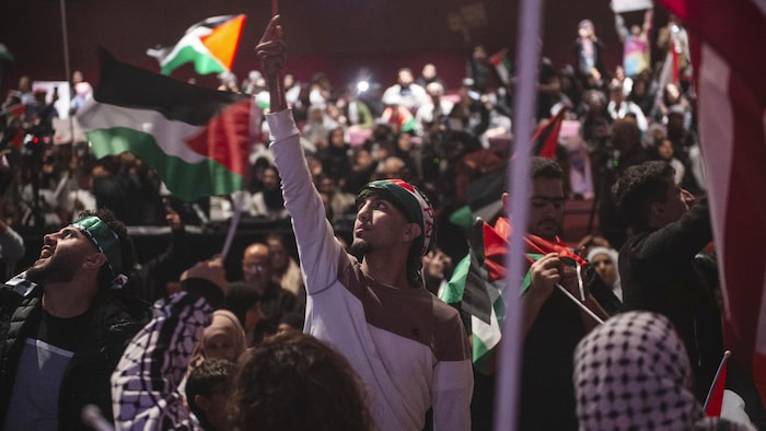 Plusieurs personnes brandissent des drapeaux palestiniens.