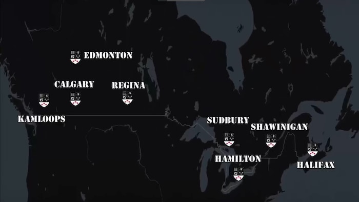 Une carte du Canada avec plusieurs villes indiquées par des symboles de Second Sons.