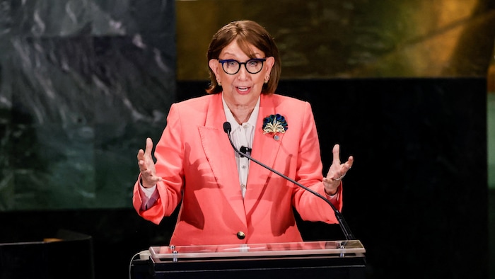 Une femme parle derrière un bureau.