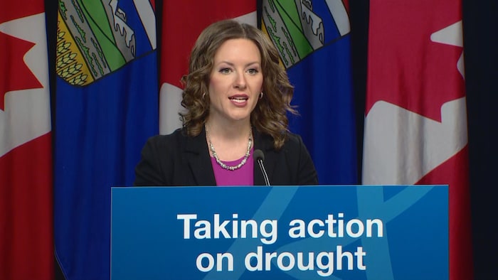 Rebecca Schulz, ministre albertaine de l'Environnement et des Zones protégées, parle devant un pupitre, le 13 mars 2024, à Edmonton.
