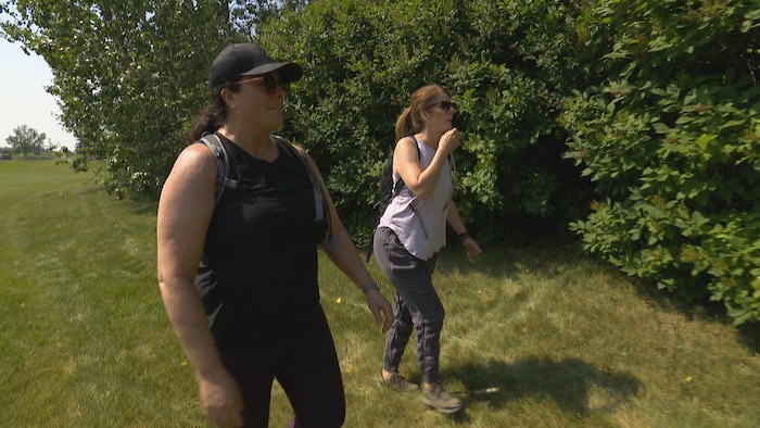 Deux femmes marchent le long d'une rangée d'arbres.