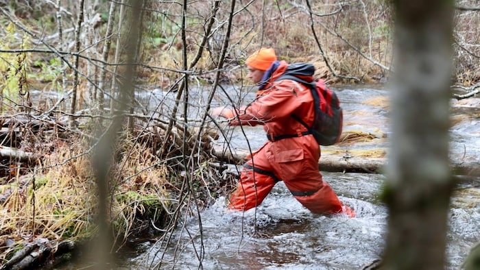 Un homme en combinaison orange, de profil, marchant de droite à gauche dans une rivière.