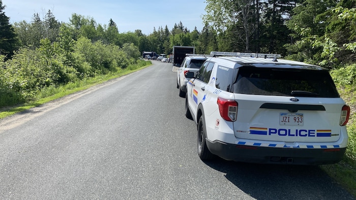 Une longue file de véhicules de la Gendarmerie royale stationnés en bordure d'une route, près d'un boisé.