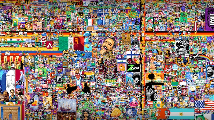 Une œuvre d'art pixélisé montrant, entre autres, des mèmes, des drapeaux et des monuments historiques. 