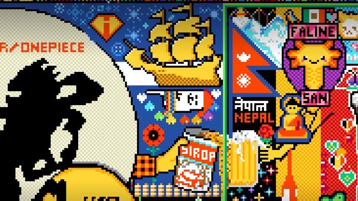 Fresque pixélisée montrant le logo d’Infoman, le bateau du logo de la Ville de Québec, un chiot portant une ceinture fléchée, une conserve de sirop d'érable, un coquelicot, des cônes orange et de la neige, entre autres. 