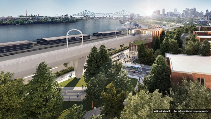Vue aérienne de la maquette de la station Davidson avec le centre-ville et le pont Jacques-Cartier en arrière-plan.