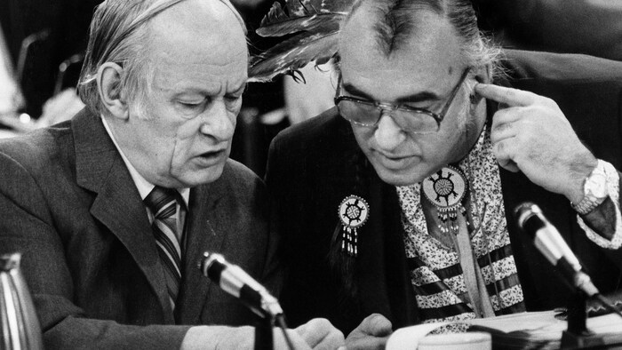 René Lévesque with Huron Chief Max Gros Louis in 1983.
