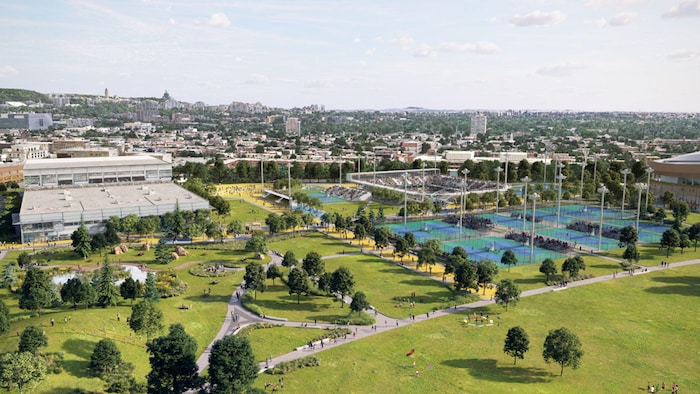Maquette offrant une vue sur les terrains de tennis à l'extérieur du stade.