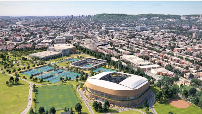 Une maquette montre un nouveau stade de tennis dans un parc.
