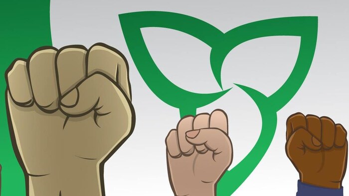 Dessin montrant des poings levés devant le drapeau franco-ontarien.