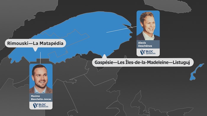 Une carte illustre les victoires des bloquistes dans Gaspésie—Les Îles-de-la-Madeleine—Listuguj et dans Rimouski–La Matapédia.