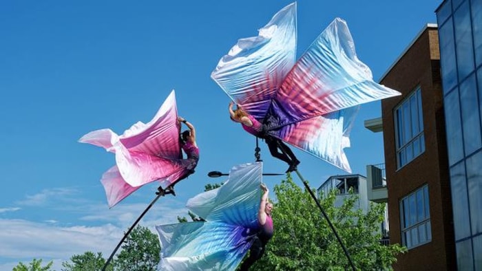 Trois acrobates perchés sur de hauts mâts flexibles déploient de larges voiles évoquant des ailes en plein ciel.