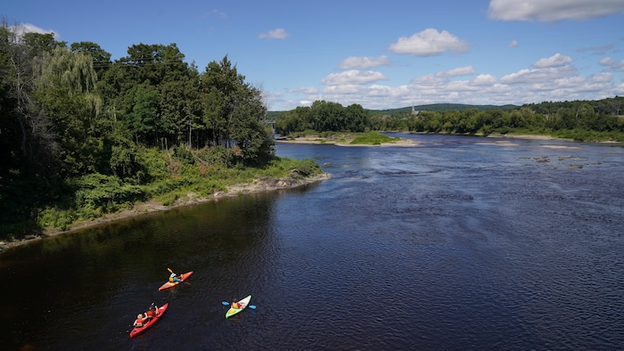 Une rivière vue d'un pont, avec des kayakistes.