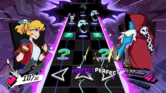 Items parade on a guitar handle in a video game.