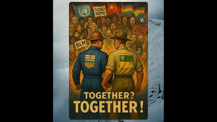 Des travailleurs albertains tiennent tête à une foule portant des drapeaux LGBT, entre autres.