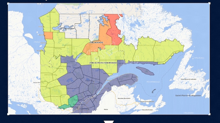 Une carte du Québec avec des zones de couleurs.