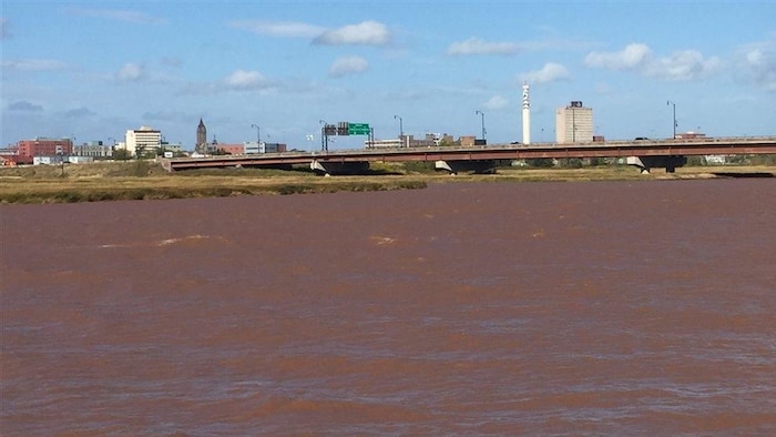 La rivière Petitcodiac avec un niveau d'eau élevé. 