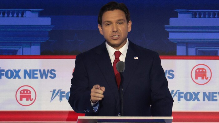 Republican presidential candidate Florida Governor Ron DeSantis pauses during the first debate of the Republican primary season in Milwaukee