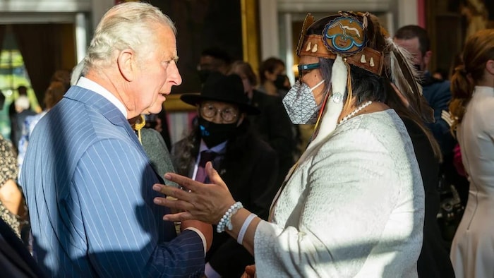 The Prince of Wales talks with Assembly of First Nations National Chief RoseAnne Archibald at a reception hosted by the Governor General in Ottawa on May 18. 