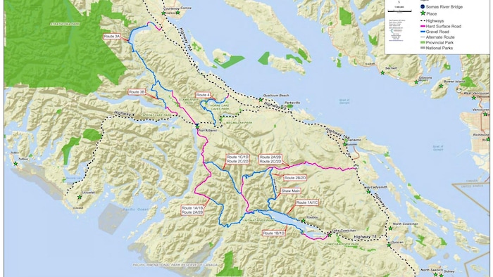 Une carte montrant des routes sur l'île de Vancouver.