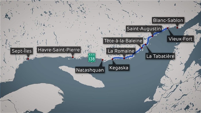 Une carte représentant le tronçon de la Route blanche, en Basse-Côte-Nord