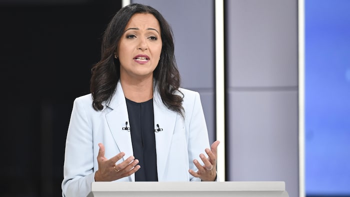 Ruba Ghazal s'exprime derrière son pupitre en faisant des gestes de la main.