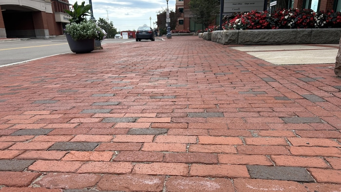 Un trottoir en brique rouge à Moncton. 