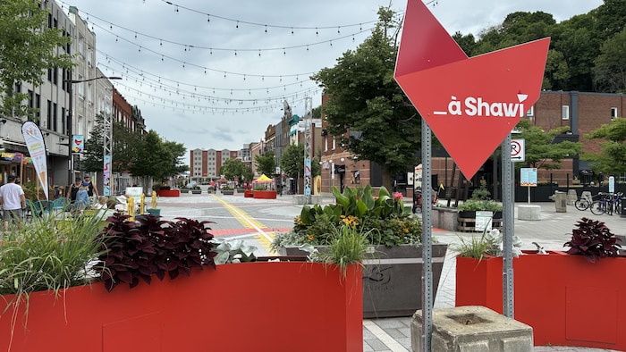 Des barrières rouges et les pots de fleurs bloquent une rue commerçante