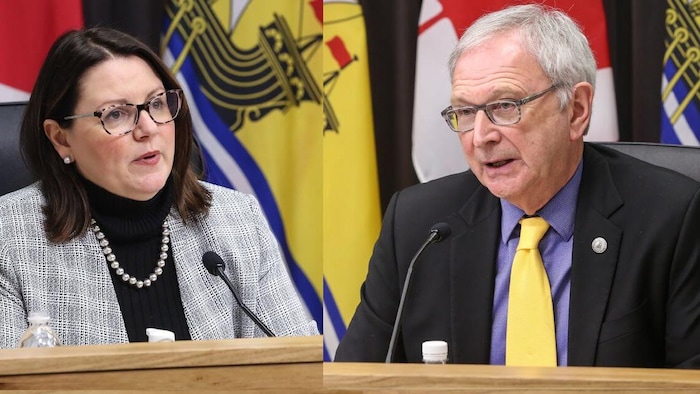 La médecin hygiéniste en chef Jennifer Russell et le premier ministre Blaine Higgs le 26 février 2021.