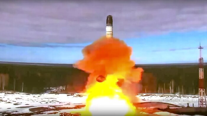 The Sarmat intercontinental ballistic missile is launched from Plesetsk in Russia's northwest, in this photo handed out in April. Putin has warned that he wouldn't hesitate to use nuclear weapons to ward off Ukraine's attempt to reclaim control of its occupied regions that Moscow is attempting to absorb. (Roscosmos Space Agency Press Service/The Associated Press)
