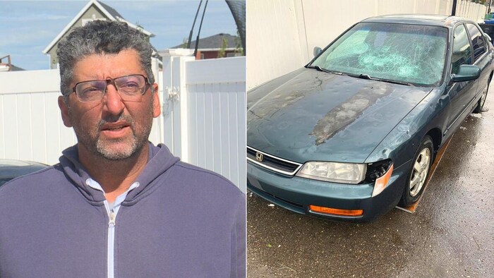 Un montage photo. À gauche se trouve une photo de Saad Taleb. À droite, on peut voir une photo de sa voiture endommagée.