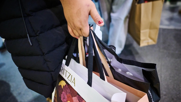 Des acheteurs transportent des sacs remplis d'articles.